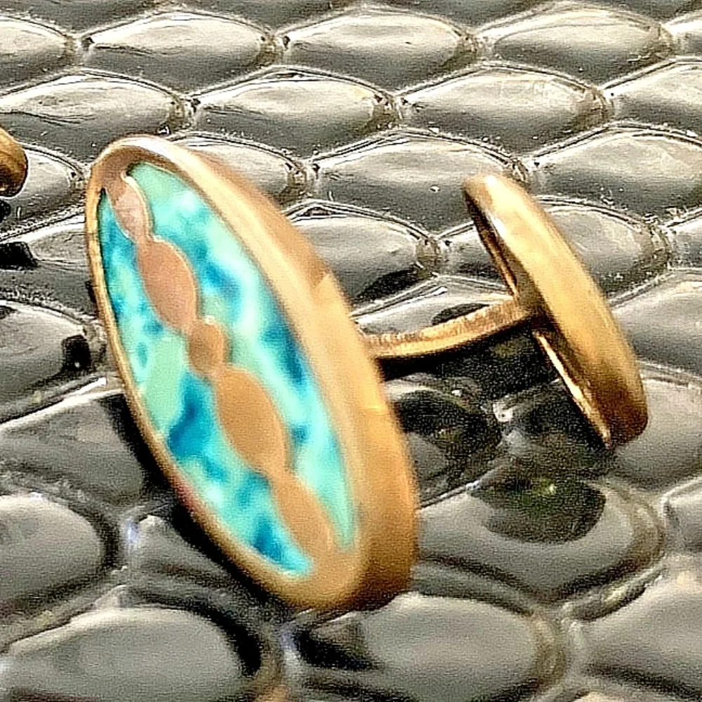 Vintage Early Art Deco Solid Brass Navette Turquoise Enamel Cufflinks